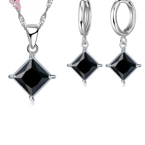 ⭐4pc Bundle Sale⭐ Black Princess Cut Pendant And Earrings w 18" Chain 925 Silver - Picture 5 of 5